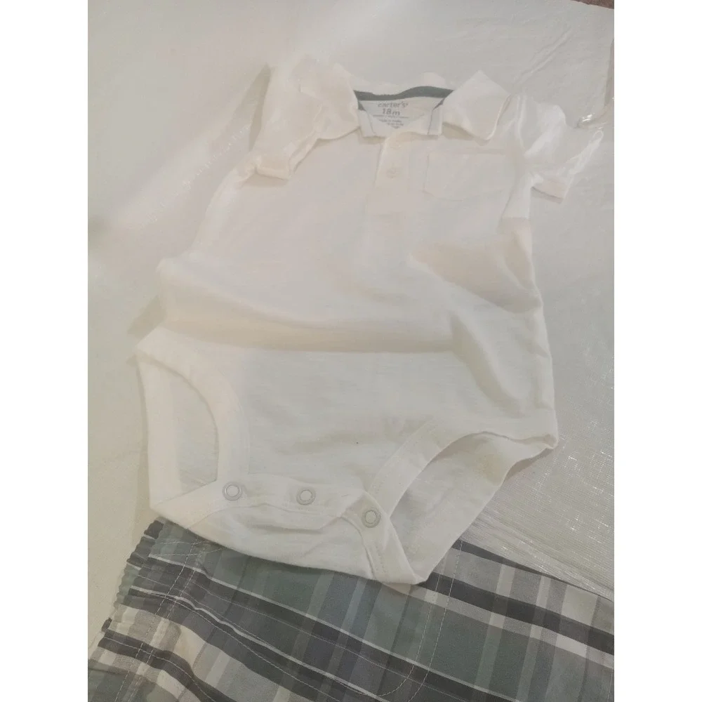 Carters Baby Boy 18M White Polo Bodysuit and Grey Plaid Shorts 2PC Set 1S539910